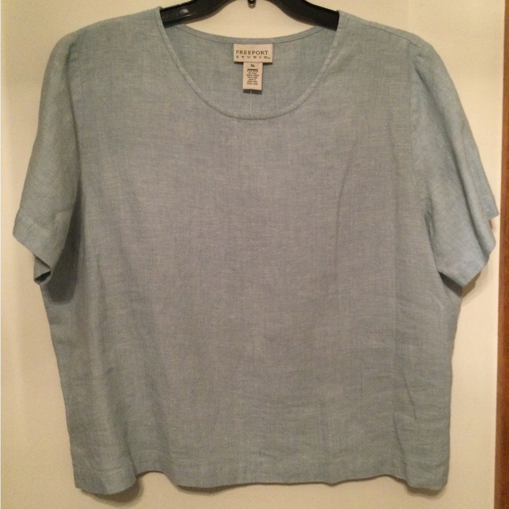 NWT Vintage Light Blue Linen Freeport Studio Short Sleeve Top, size XL